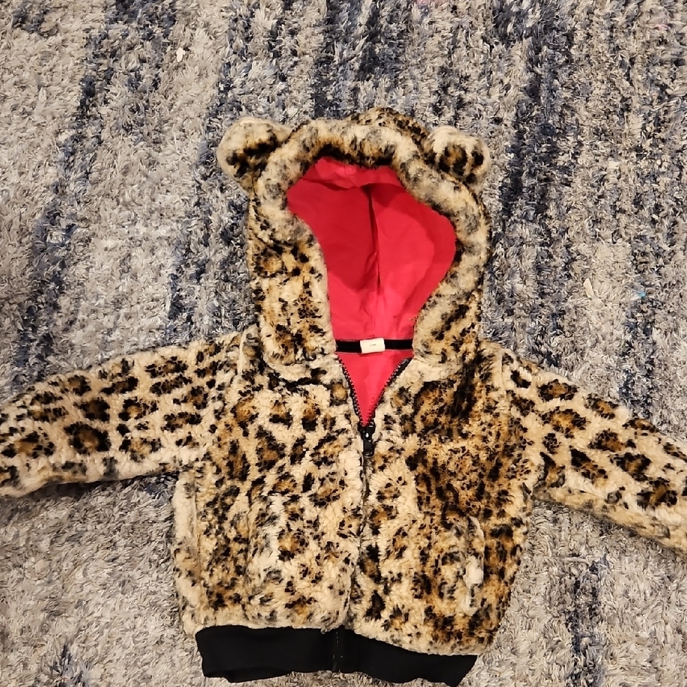 Brown and Pink Leopard Print Puffer Jacket with Hood